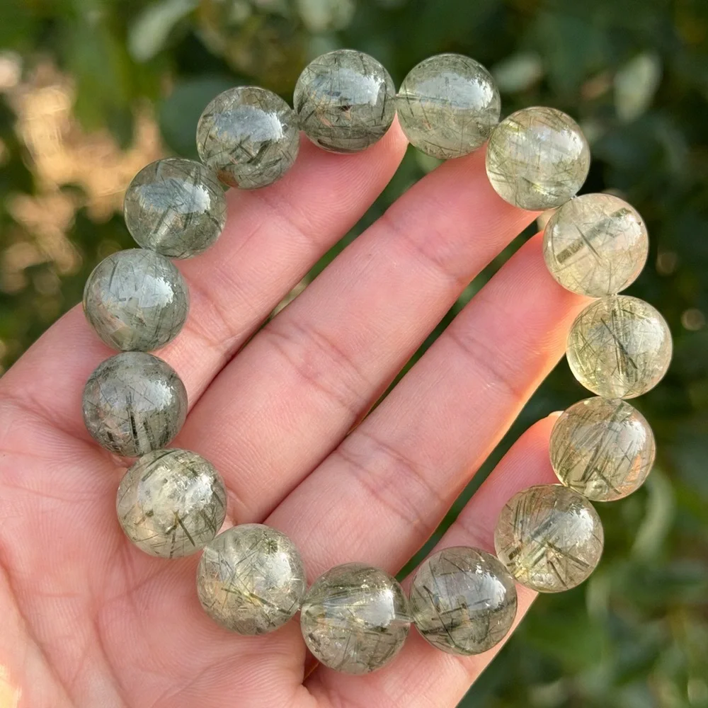 14mm stretchable high‎ quality translucent green rutilated quartz bracelet 1153